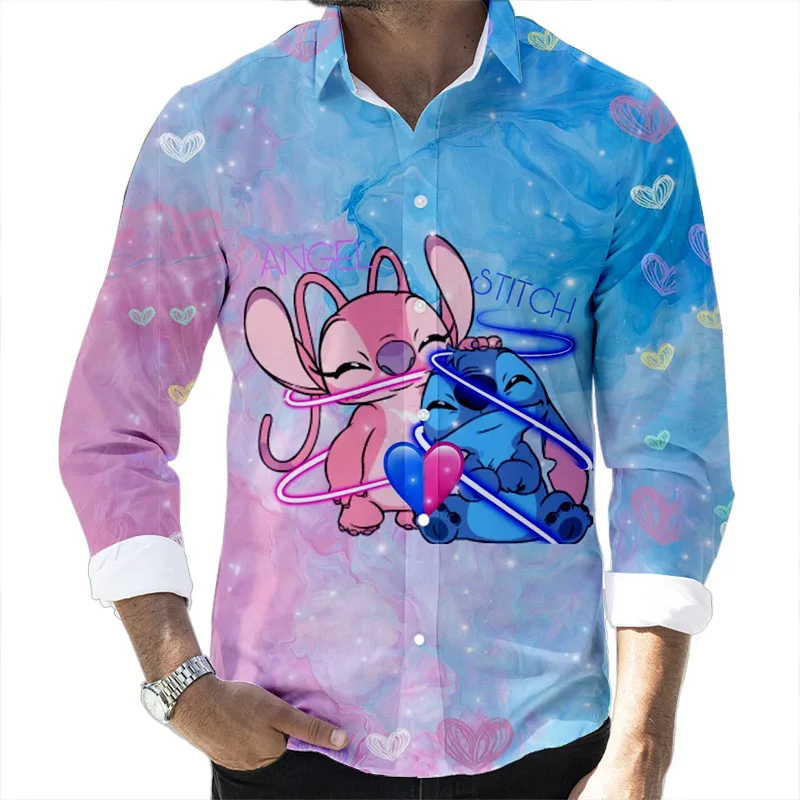 Lilo and Stitch Cartoon 2024 Spring Harajuku New Fashion Casual 3D Printed Long Sleeve Lapel Shirt Slim Men's Top