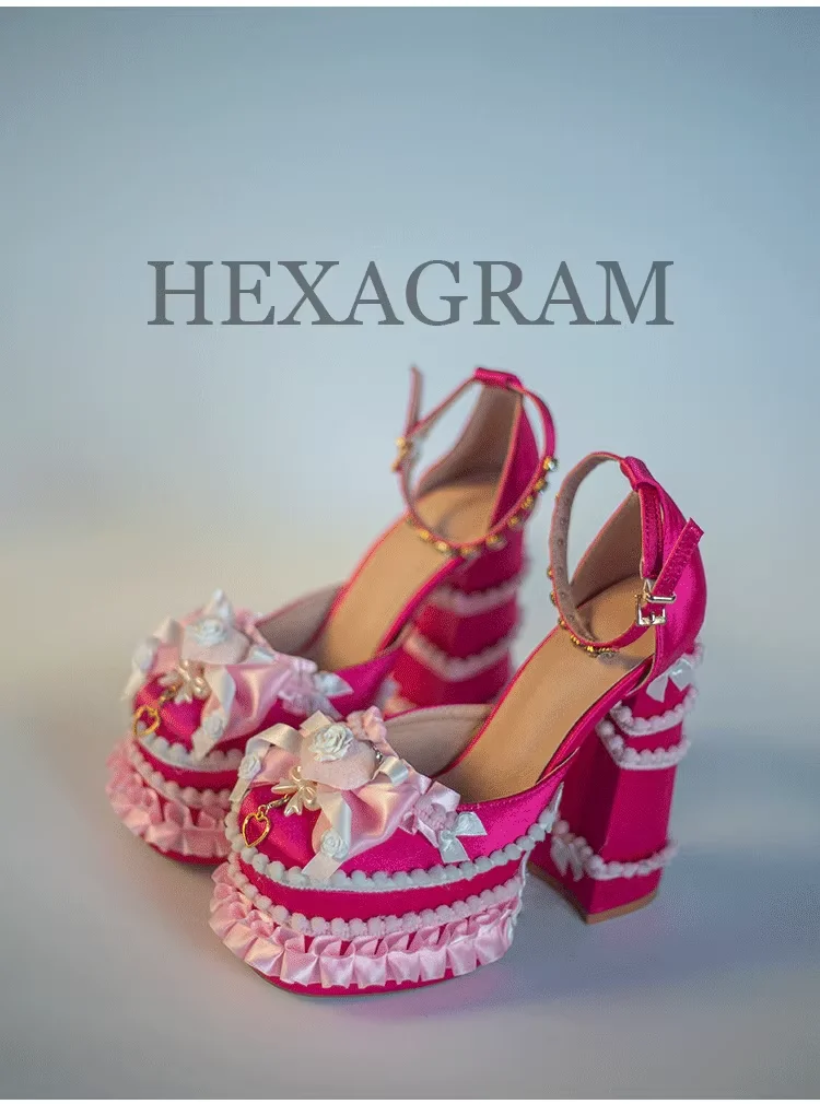 

Dress Floral Pink Platform Buckle Sandals Women Chunky High Heel Satin Bowtie Sandals Square Toe Lady Shoes 2024