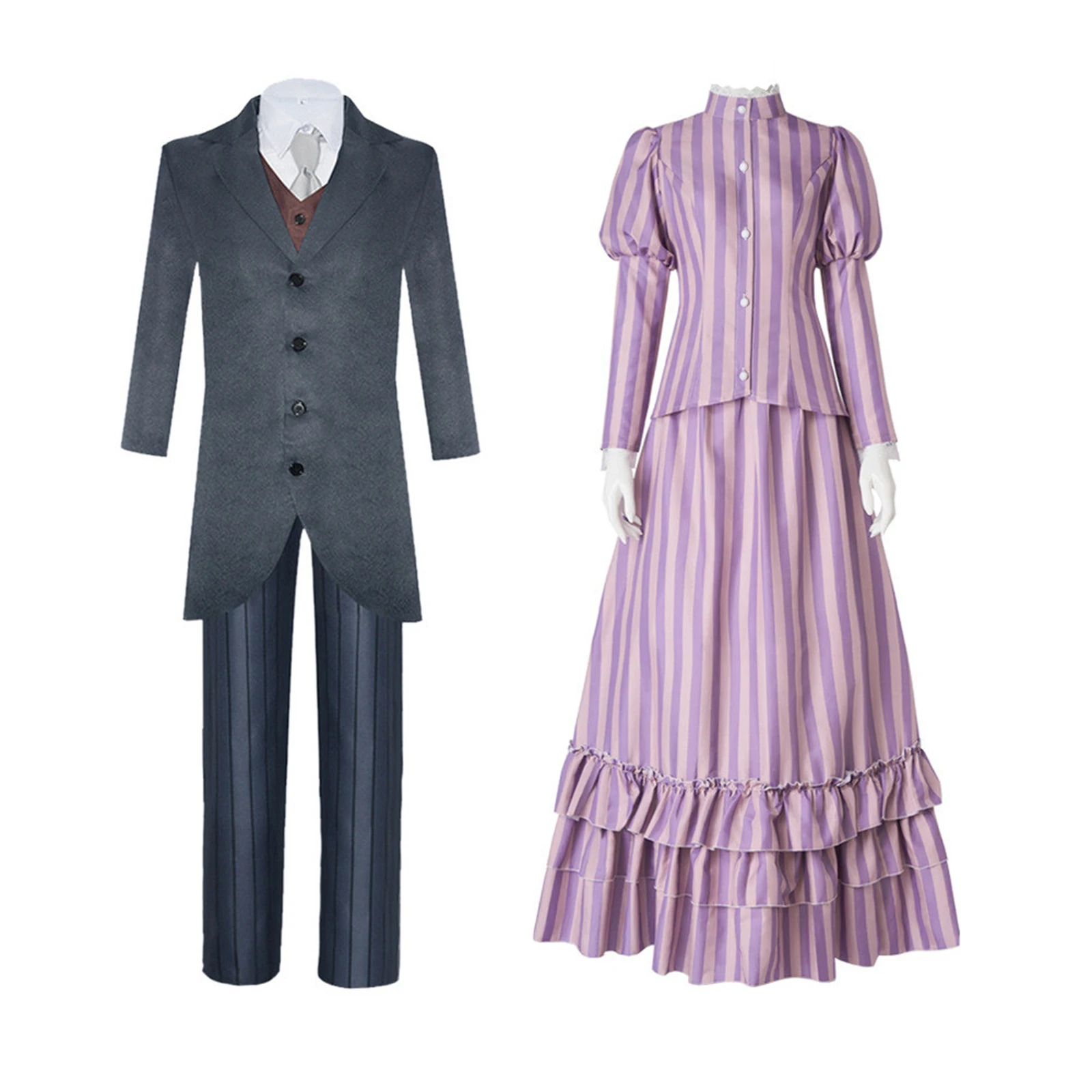 Conjunto de Halloween, disfraz de Victor Van Dort, disfraz de Victoria Everglot, vestido gótico femenino de Emelie, uniforme a rayas, traje masculino