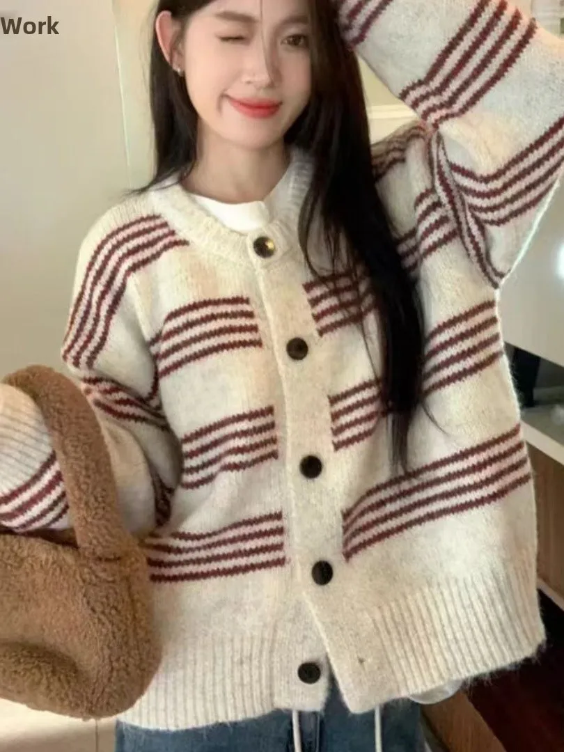 Loose Knitted Striped Sweater Coat Women's Autumn Winter New Sle Casual Wear Outerwear Open Cardigan Long Sve round Ne
