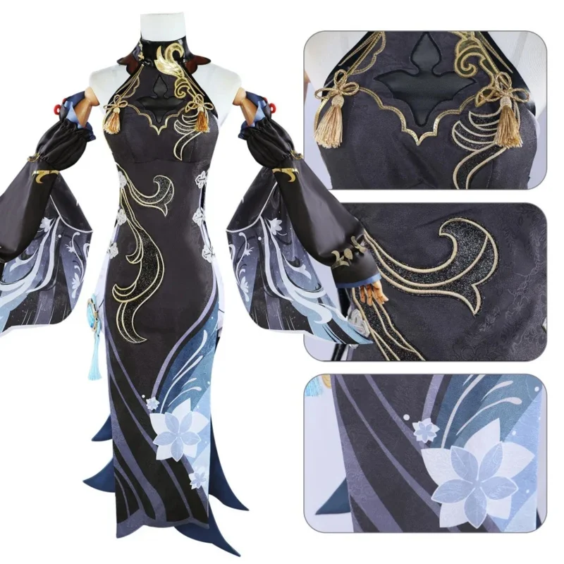 2025เกมใหม่Shenhe Genshinคอสเพลย์Frostflower DewโคมไฟRiteชุดสีดําSlim Cheongsamเครื่องแต่งกายShenเขาเสื้อผ้าKodiak