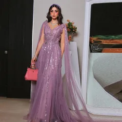 Purple Beading Sequined Prom Dresses Cap Sleeves Saudi Arabic A-Line Evening Gowns Formal Occasion Dress 2024