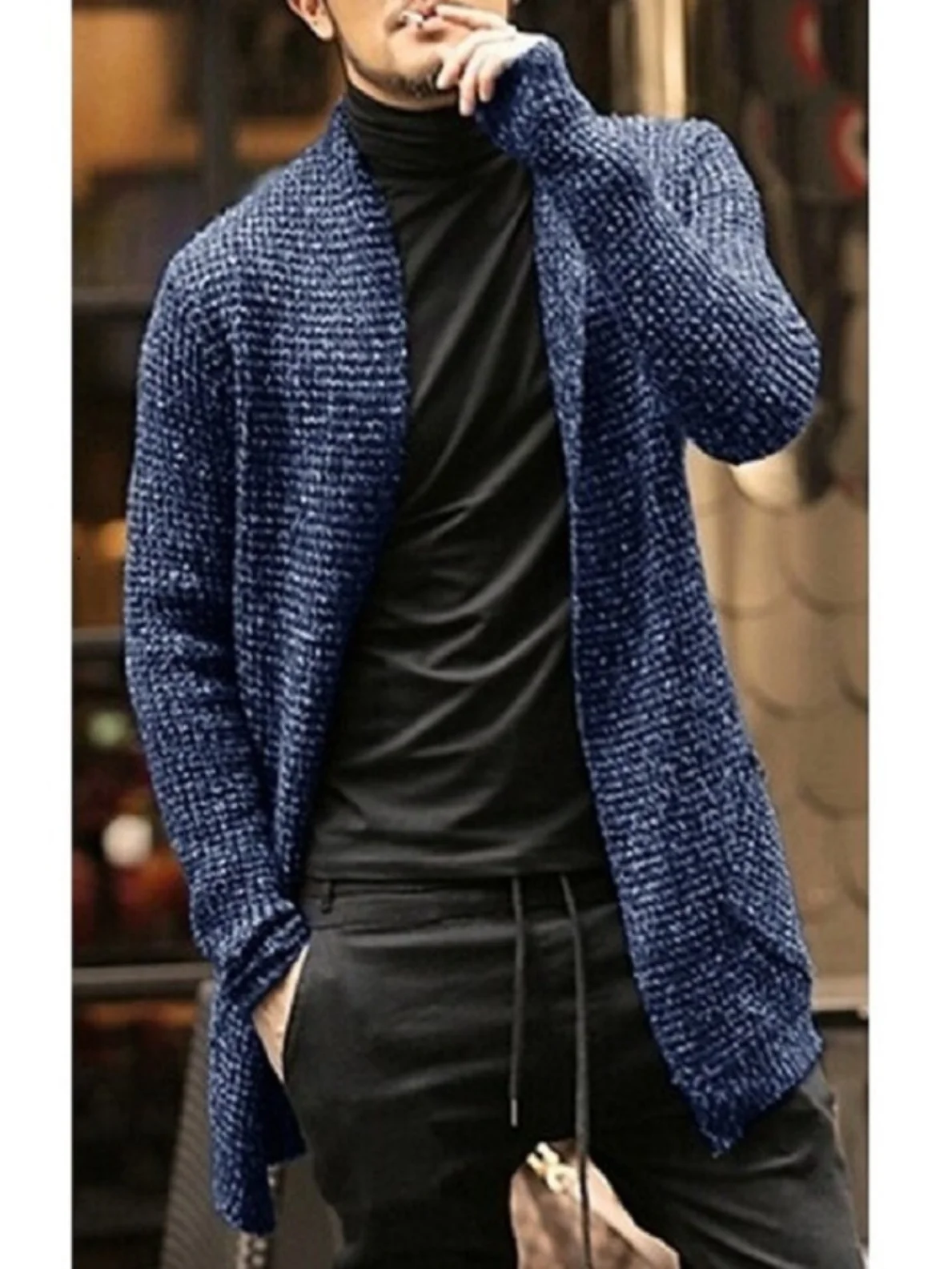 Men's Mid-Length Open Cardigan Sweater Coat Personali Design Mixed Color Knitted ket Windbreaker Outerwear Casual Winter