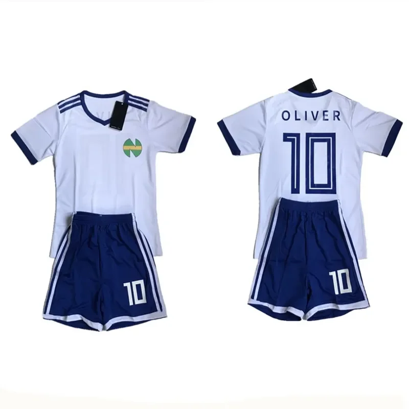 Captain Tsubasa Nankatsu School Football Jersey Sets No.10 Tsubasa Ozora Cosplay White Soccer Top Tee & Blue Shorts