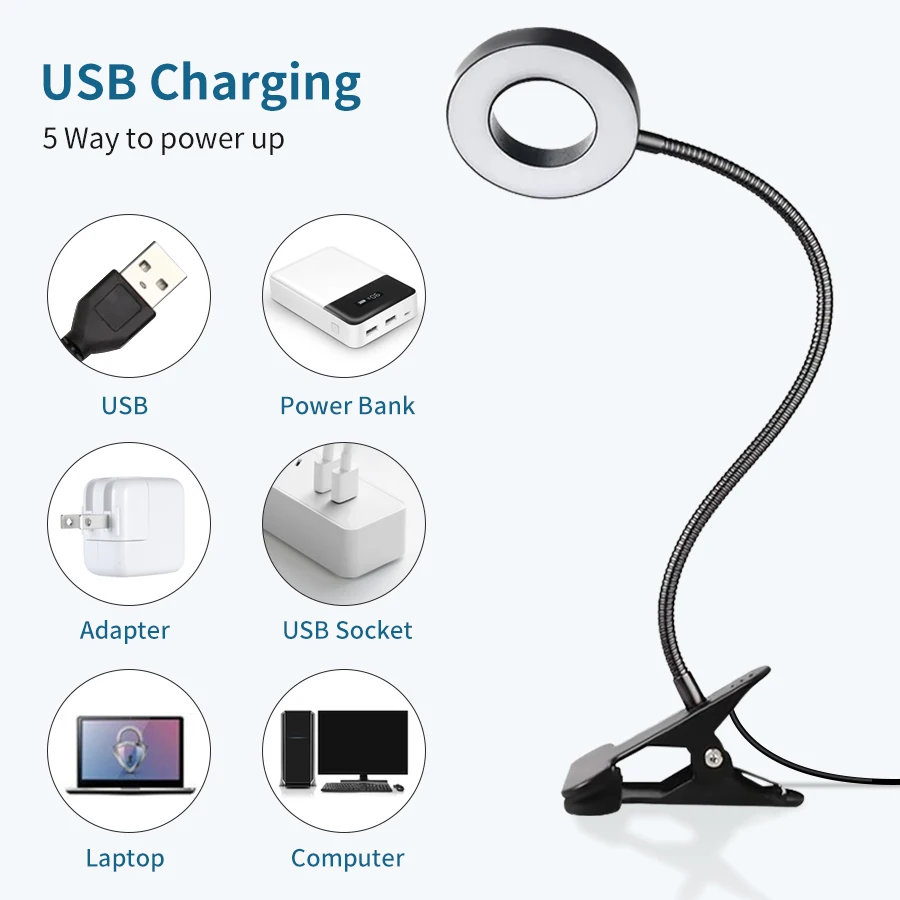 48 LEDs Clip on Desk Lamp 360°Flexible Gooseneck Reading Table Light USB Eye-Caring Study Read Light Clamp Books Night Light