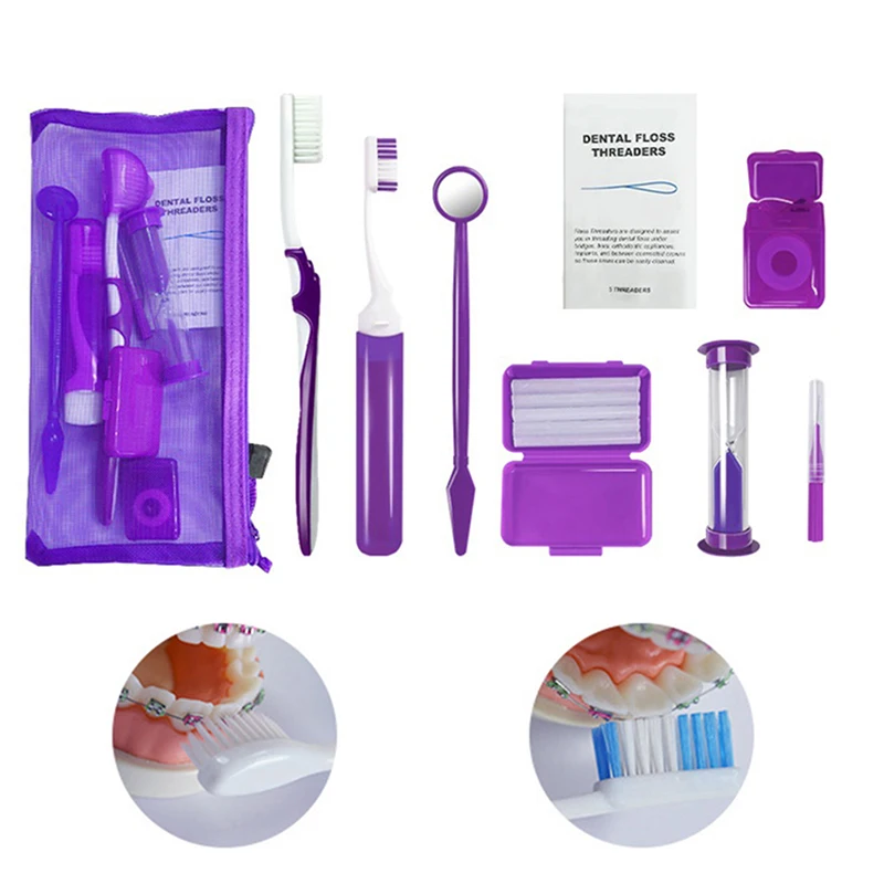 Cuidados de limpeza oral Dentes dentários Kits ortodônticos, Ferramenta de clareamento portátil, terno ao ar livre, escovas interdentais, 8pcs por conjunto