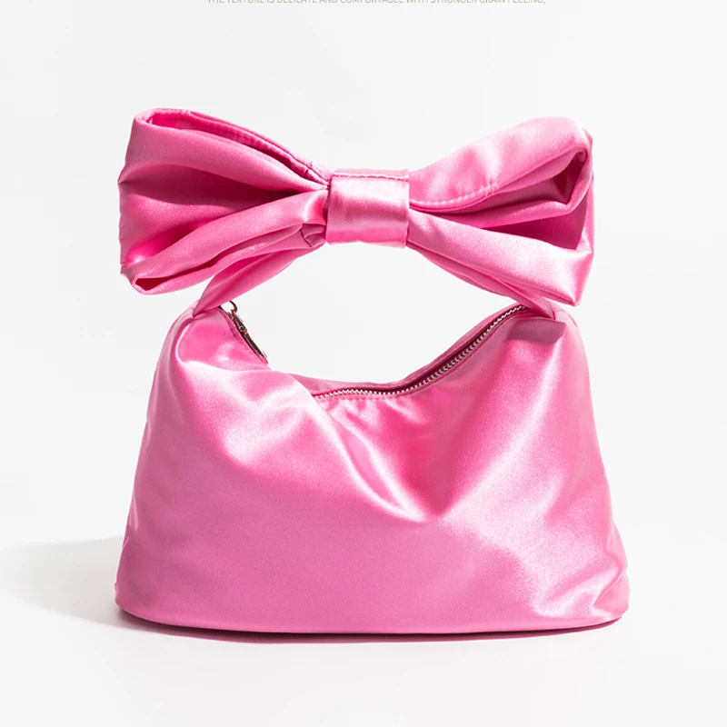 

Cute Bow decorate Square Bags For Women Luxury Designer Handbags And Purses 2024 New In Fashion Korea Satin Zipper Wrist Tote