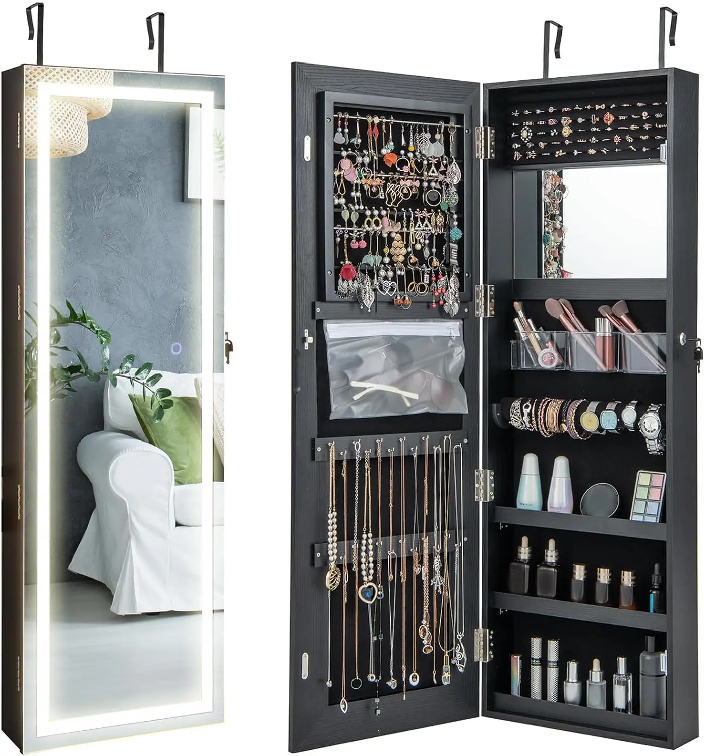 Jewelry Cabinet 47.2" Jewelry Armoire with Adjustable Lighted Full Length Lockable Mirror Jewelry Organizer Storage(Black)