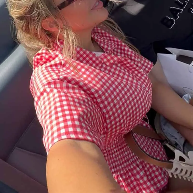 

Plaid Short Sleeved Shirt Shorts Two-Piece Set Loungewear Women Lapel Pleated Elastic Cinched Waist Shirts Checkered Shorts Suit