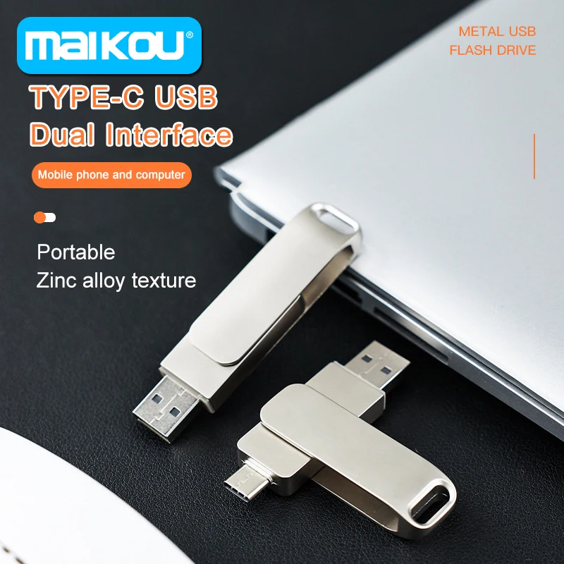 

Metal TYPE-C USB Flash Drive 128GB Rotatable 2 IN 1 Pen Drive 64GB 32GB Key Chain Creative Memory Stick Gift for Phone U Disk
