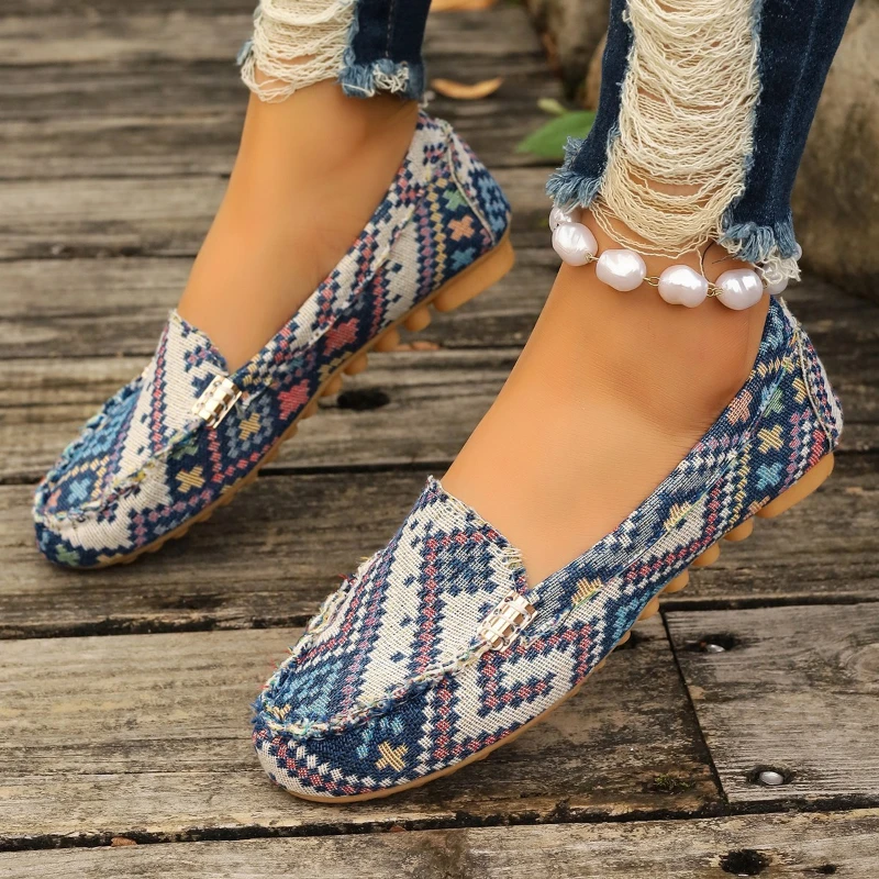 New Pattern Canvas Shoe Loafer Sneakers Summer Flat Bottomed Casual Shoes Color Blocking Outdoors Flat Shoes Zapatos De Mujer