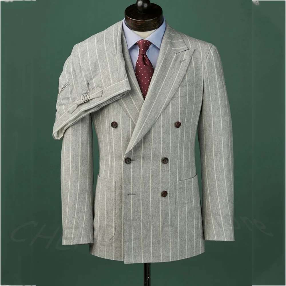

British Style Handsome Men Suits Business Formal Wdding Suit Chic Striped Peaked Lapel Blazer Set Two Pieces Jacket Pants