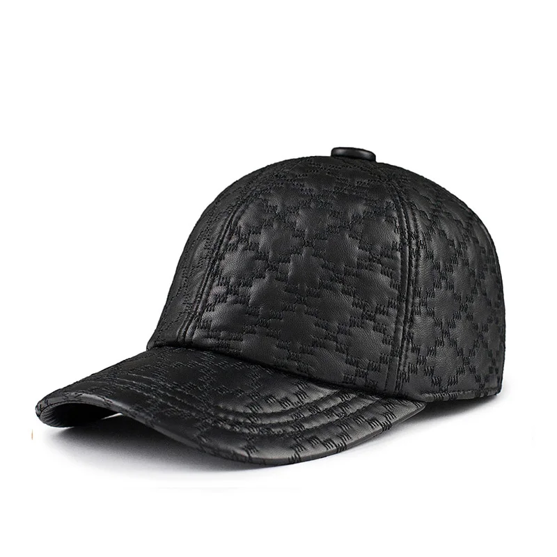 

Men Trucker Hats Unisex Genuine Leather Rhombus Check Embroidered Baseball Cap Women Retro Casual Peaked Hat Male Fishing Gorra