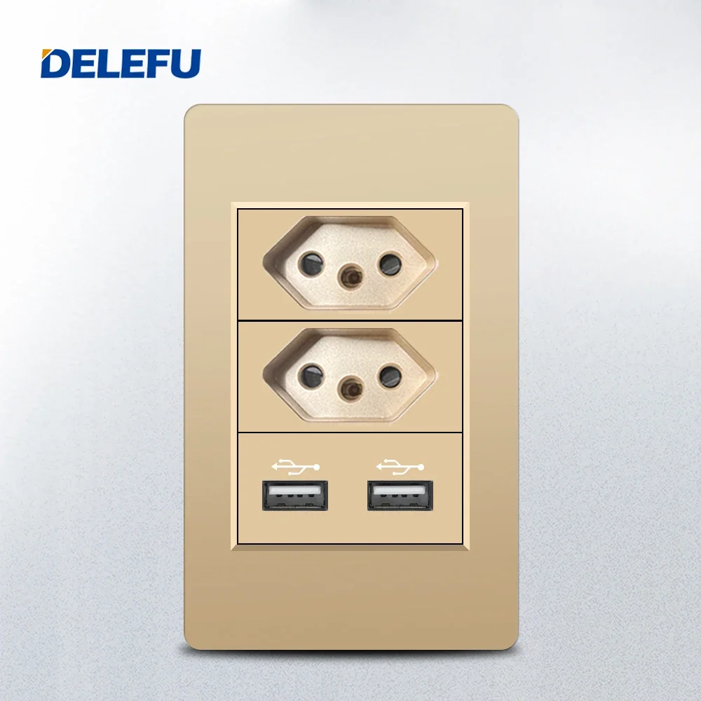 DELEFU Fireproof PC panel wall socket switch, Fast charging, USB, Brazilian standard socket, white, grey, black, Gold 10A, 20A,