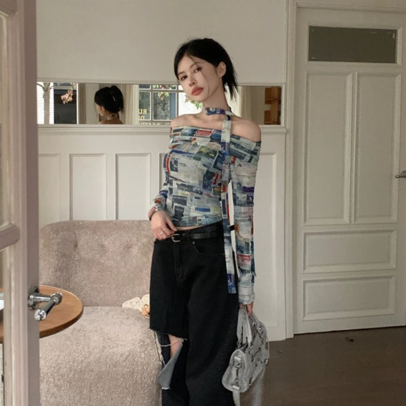 Retro Printed T-shirts Women Slash Neck Office Lady Long-sleeved Tops 2024 Spring and Summer Slim Thin Daily Basic Blouse Female