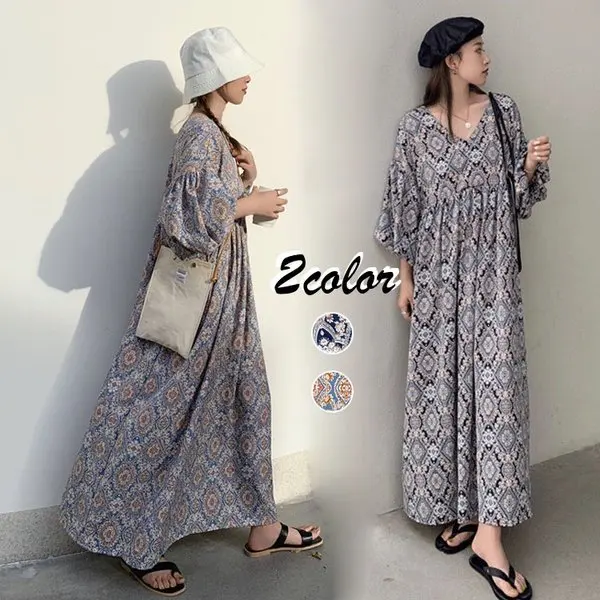 

Women Bohemian Floral Dresses Loose 2024 New Summer Puff Sleeve V-neck Dress Elegant Female Holiday Beach Sundress Vestidos