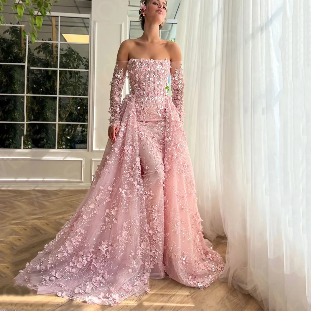 Exquisite Pink Evening Dresses Lace 2024 Prom Party Gowns Off Shoulder Sleeve Strapless Sequined Wedding Guest Dress Flowers