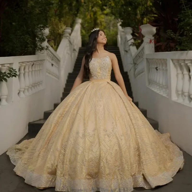 

Shiny Light Yellow Quinceanera Dress off-shoulder Glitter Crystal Decal Long tail vestidos de 15 Quinceanera ﻿Customize