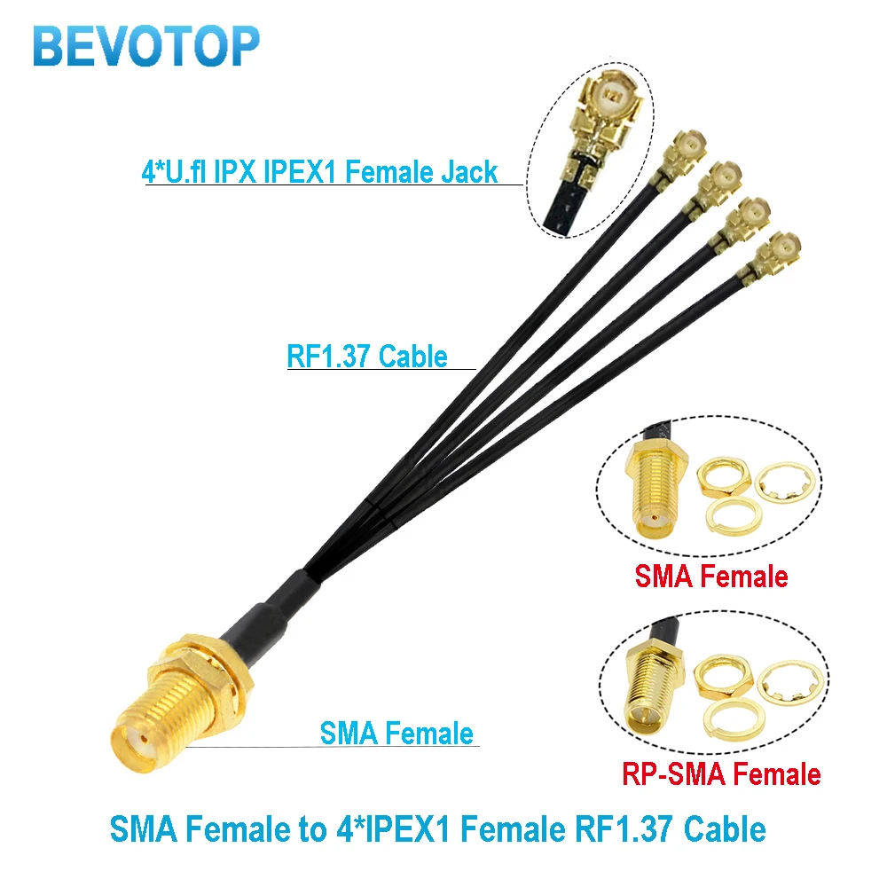 1PCS 1 to 4 SMA IPX Splitter RP-SMA / SMA Female to 4 x U.fl Female1 RF1.37 Cable WIFI Antenna Extension Jumper Pigtail