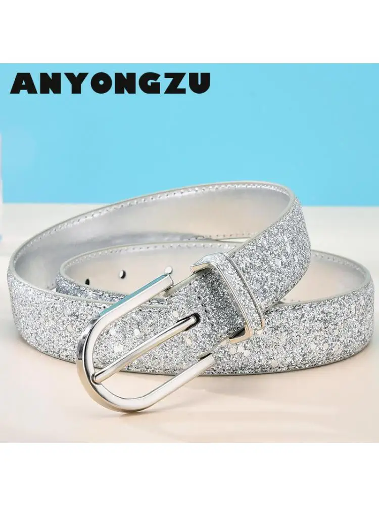 2023 Women Glitter Belt Silver Fashion Golden Female Waist High Quality Super Low Price Luxury Goods Catwalk Shows Decoration