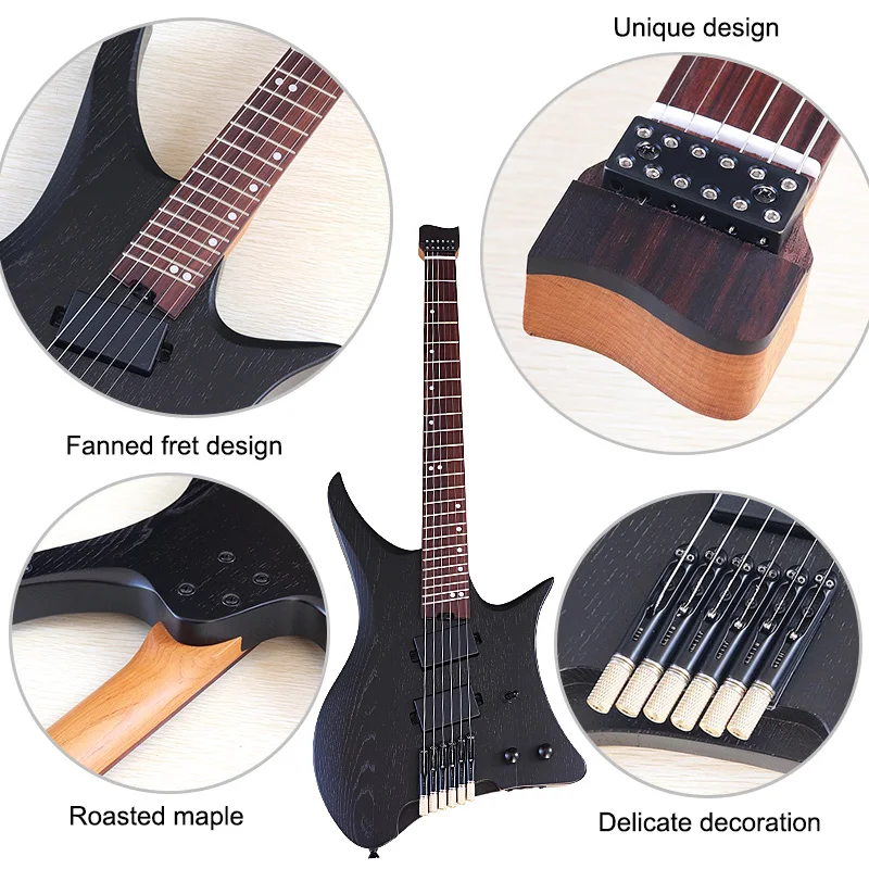 Fanned Frets 6 String Headless Electric Guitar 30 Inch Solid Ashwood Body Mini Guitars Matte Finish Green & Black Color