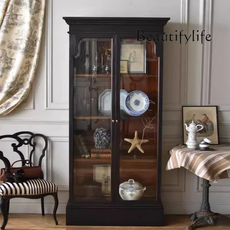 

living room against the wall storage French retro solid wood bookcase antique glass door display dining room