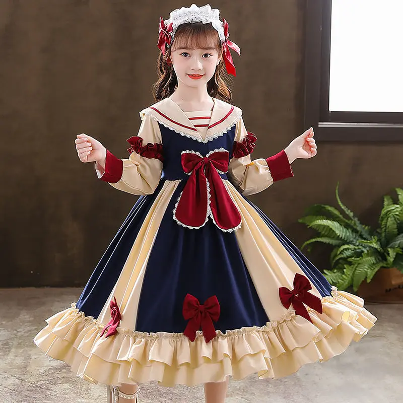 Teen girl kids Vestido Spanish Girl Dress Baby Bow Princess Long sleeve Lolita Dress For Girls Birthday outfit Lace Headband