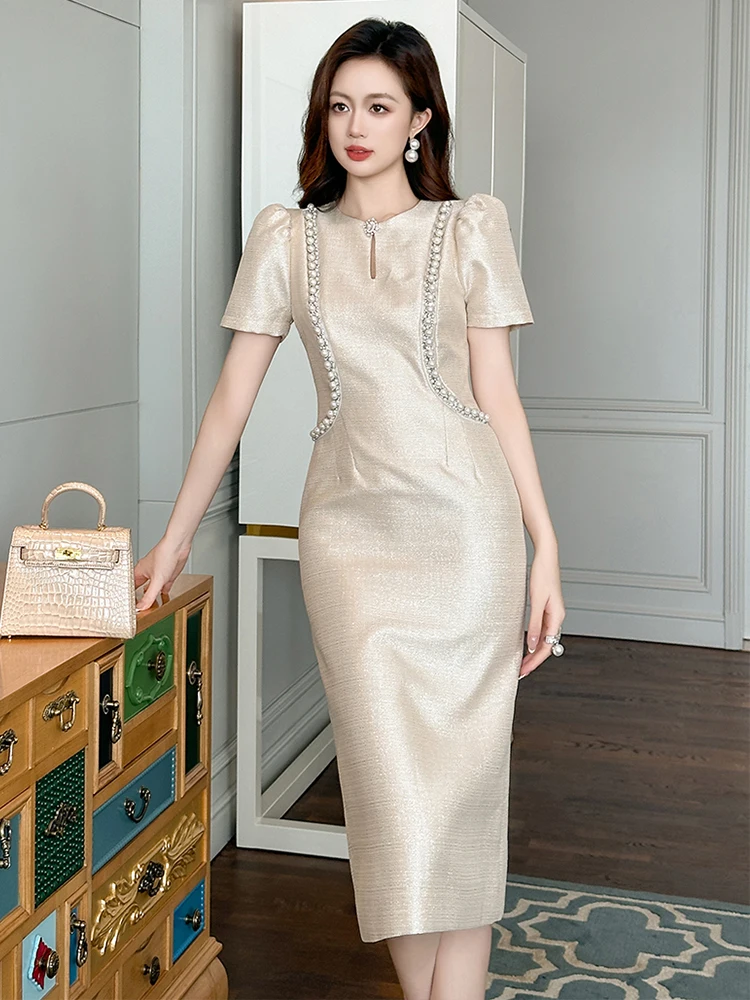 Exquisite Elegant Evening Dress Women Noble Retro Pearl Diamonds Hollow Slim Fit Formal Robe Female Party Banquet Vestidos Mujer