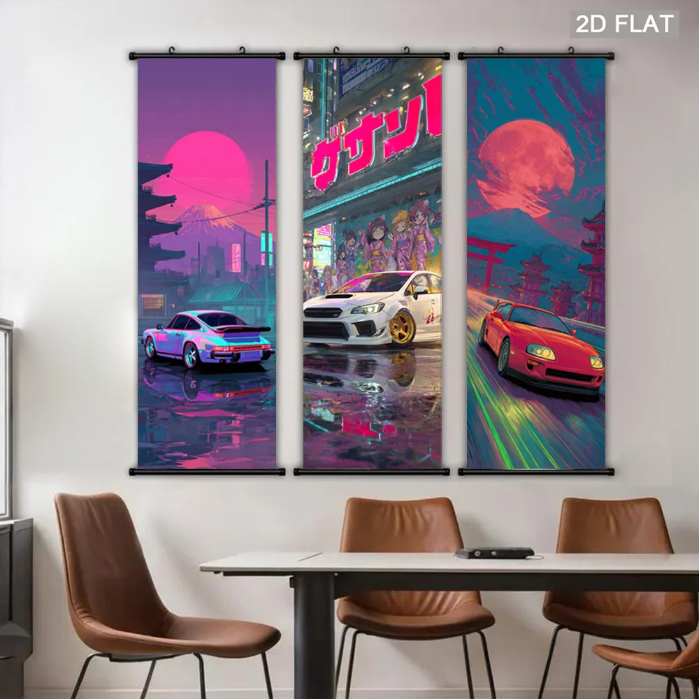 VIKAMA Neon Tokyo Cityscape Car Wall Art Hanging Scroll Poster Japanese Anime Canvas Painting for Bedroom Living Room Decor