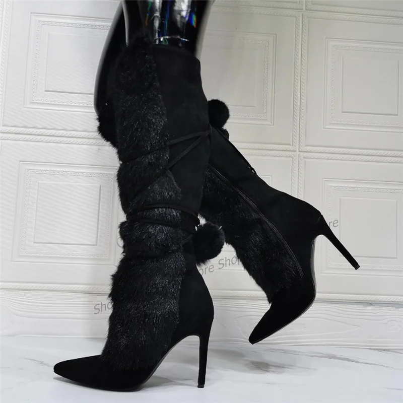 

Sexy Knee High Black Flock Fur Decor Winter Boots Thin High Heel Women Shoes Side Zipper Pointed Toe 2023 Zapatos Para Mujere