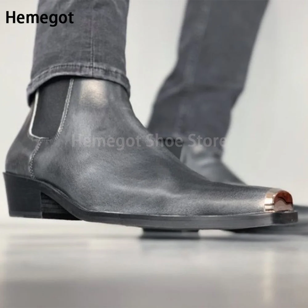 Botas Chelsea de cuero genuino con punta de hierro cuadrada para hombre, zapatos informales, hechos a mano, de negocios británicos