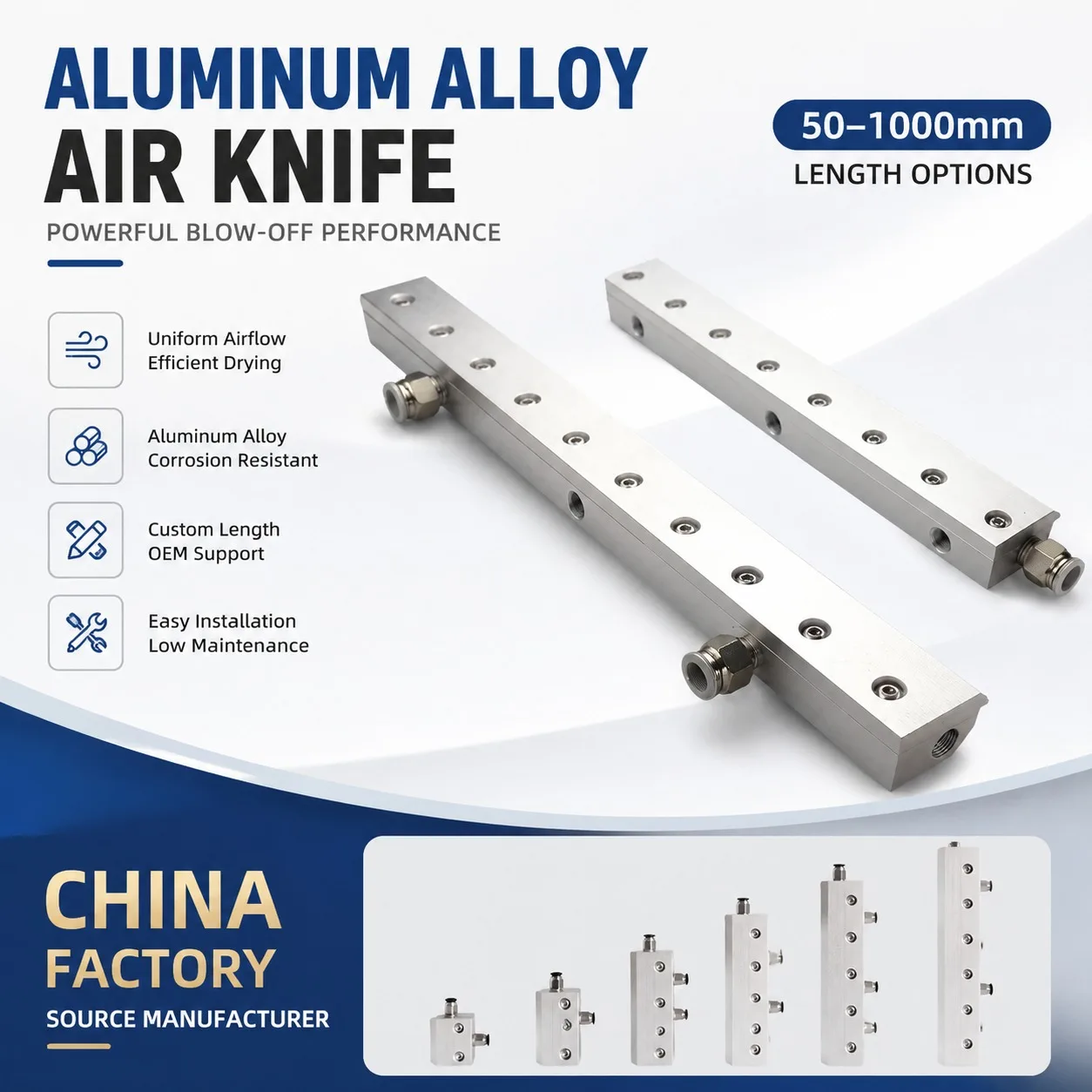 

25-600mm Industrial blower-powered air knife nozzle, air knife, super air knife, compressed air knife Aluminum alloy air knife