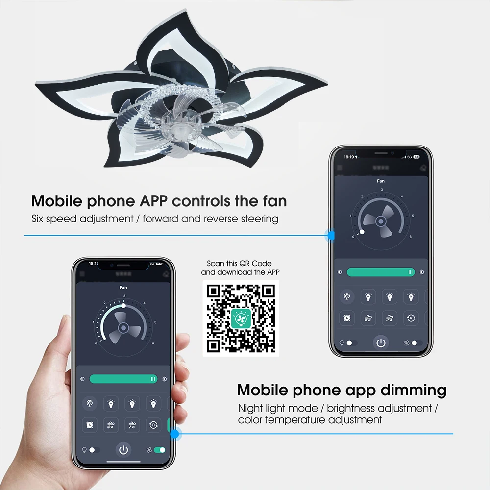 جيلينا فلوش جبل مراوح السقف بسيطة شكل زهرة أضواء مروحة LED مع جهاز التحكم عن بعد غرفة نوم أسود أبيض 6 سرعات LED مروحة الضوء