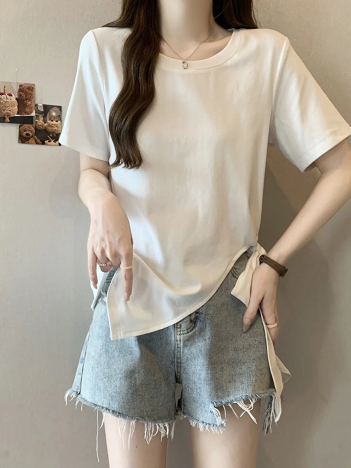 Light Yellow Short Sleeve T-Shirt Women's Summer New Large Size Fat MM Hollow out Waist Exposure Small Shirt Irregular Waist ...