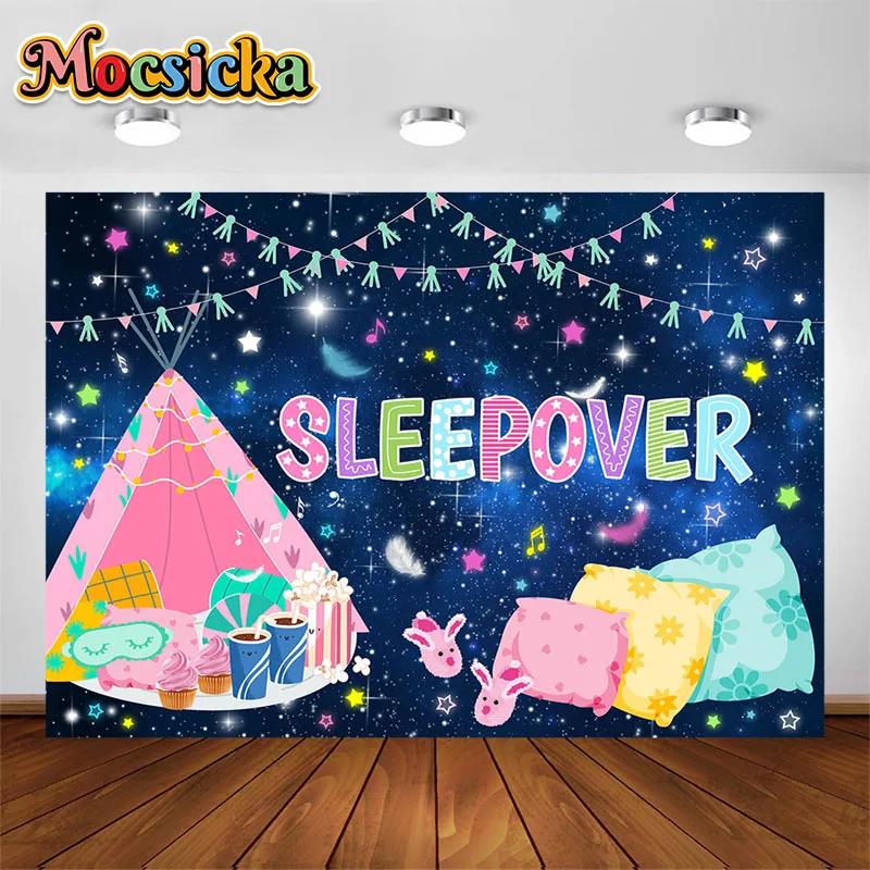 Mocsicka Sleep Over Theme Photography Backdrop Sleep Party Cute Pink Pillow Tent Decoration Dark Background Photo Props Banner