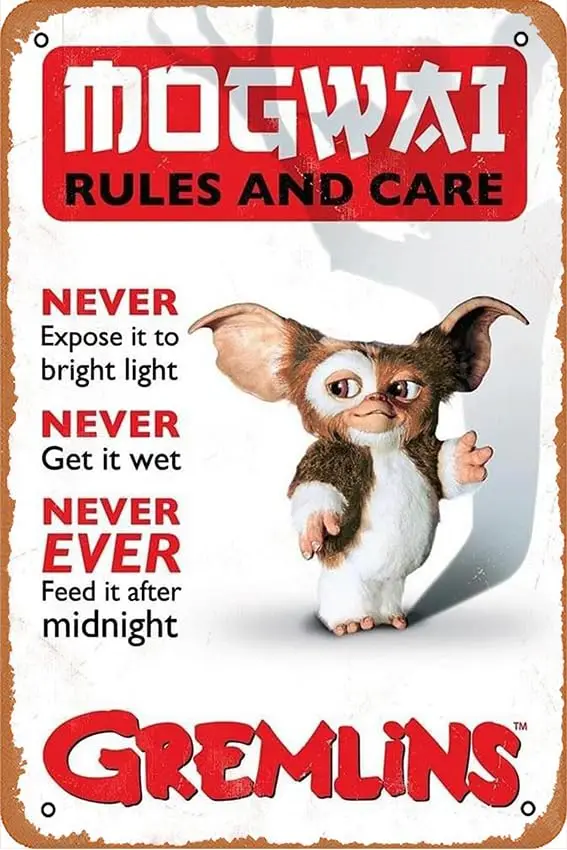 Gremlins Tin Sign - Mogwai Rules Vintage Metal Tin Sign,Wall Decor For Bars,Coffee Bar Decor,Home Wall Decor 12X8 Inch