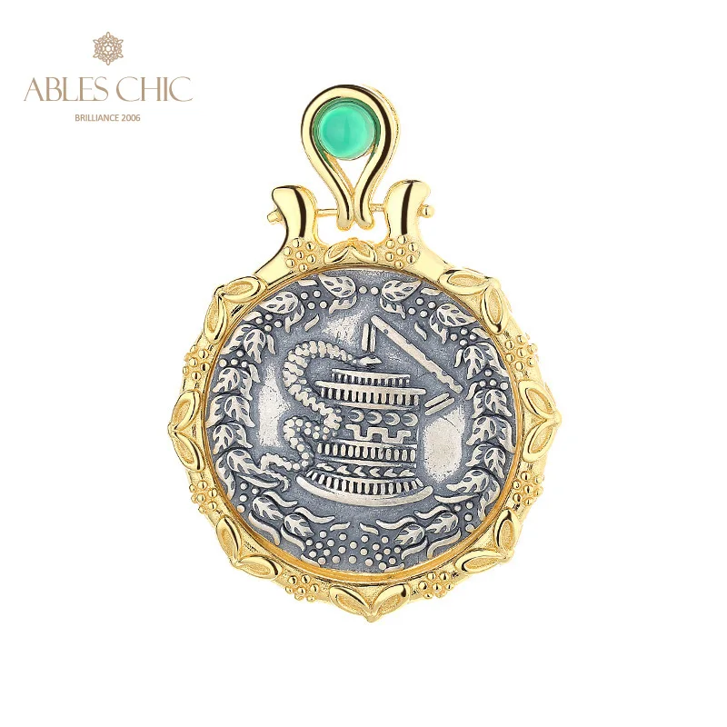 Ables Chic Pergamon Snake Basket Greek Silver Coins Charm Solid 925 Silver Roman Coin Simulated Agate Pendant Only N1010