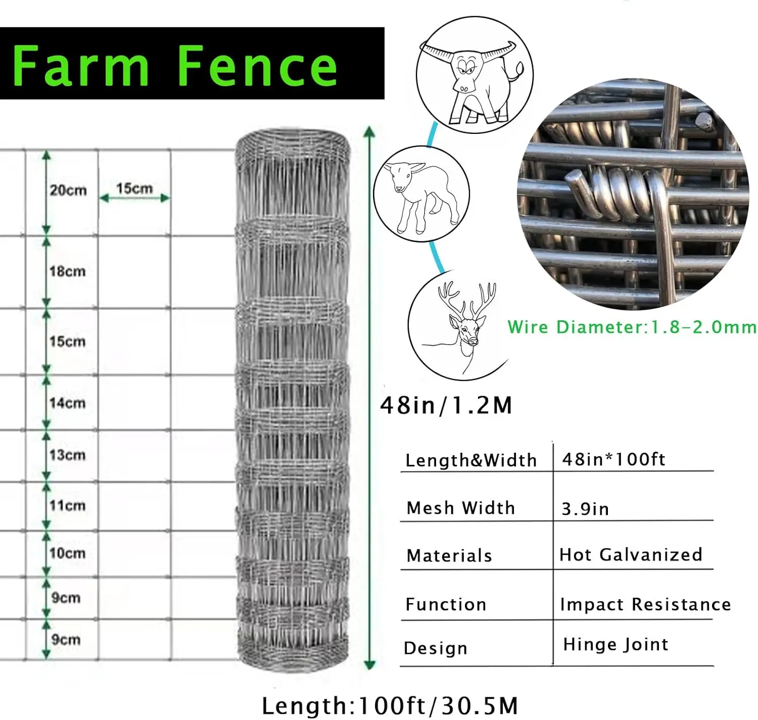 سياج حقل مجلفن عالي التحمل، 4 أقدام × 100 قدم مع شبكة مختلفة للحديقة وغلاف الحيوانات