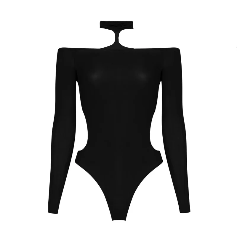 

Women Sexy Bodysuit With Collar Long Sleeves Oil Shiny Glossy Off The Shoulder 912-Pin Transparent Exotic Lingerie Swimsuit