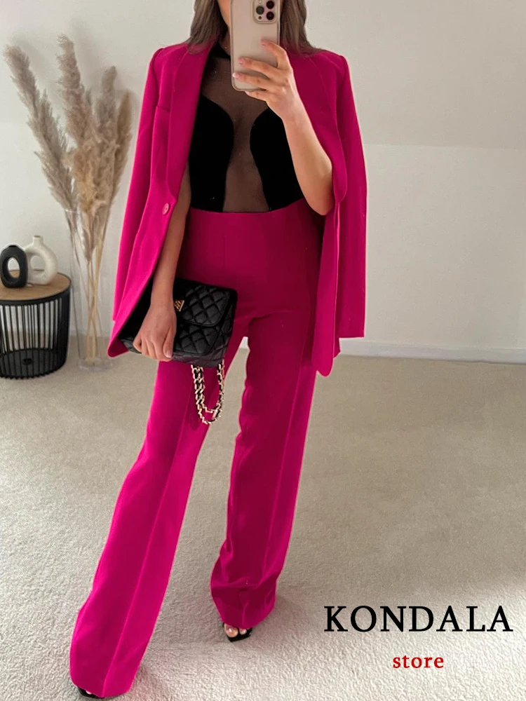 KONDALA Vintage Solid Roesred Women Suits Office Lady Fashion 2023 Long Sleeve V Neck Bow Belt Oversized Blazer Wide Leg Pants