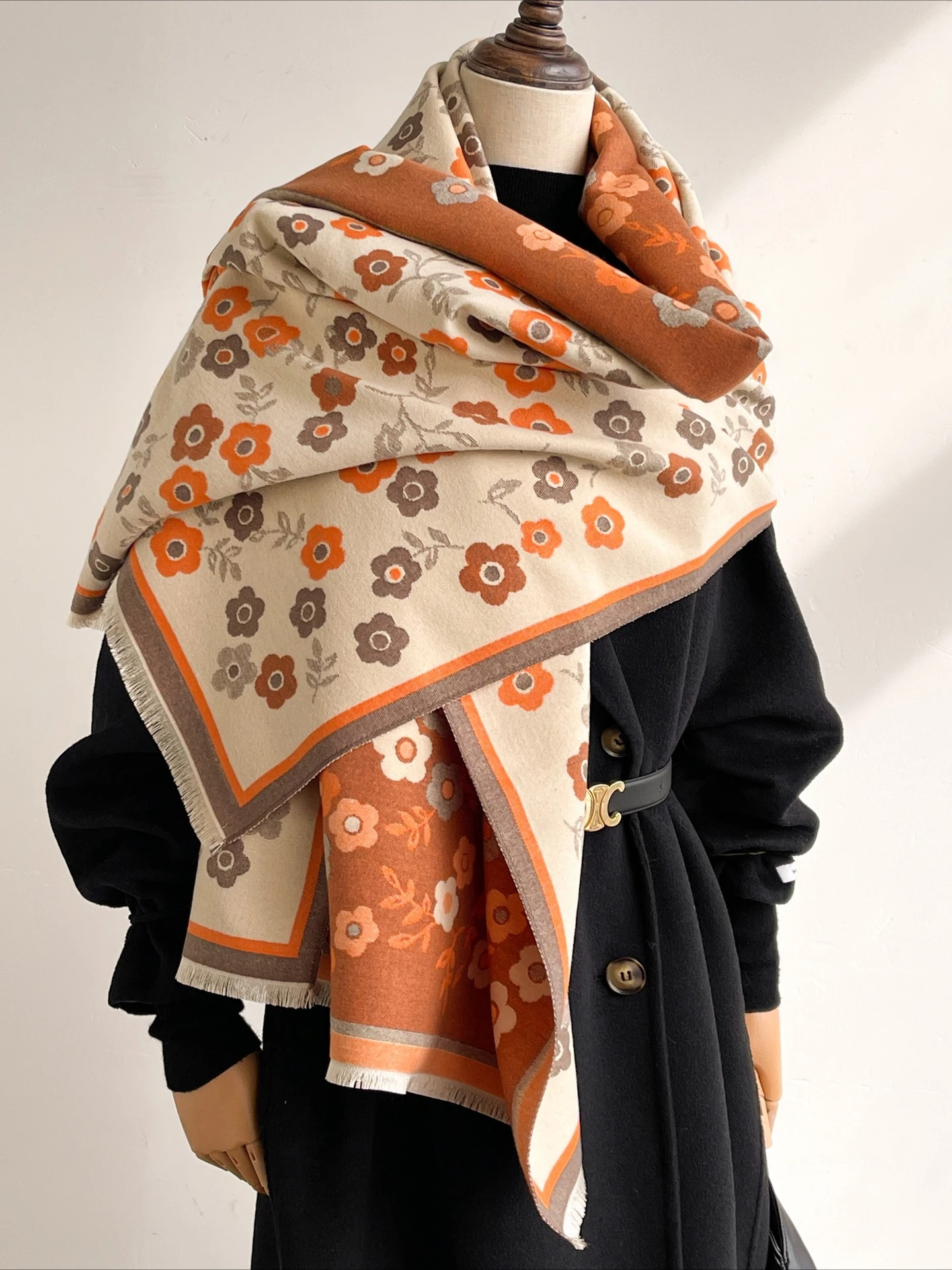 2026 Fall Winter Women Double Sided Imitation Cashmere Scarf Floral Color Block Thick Long Jacquard Shawl Wrap Classic Warm