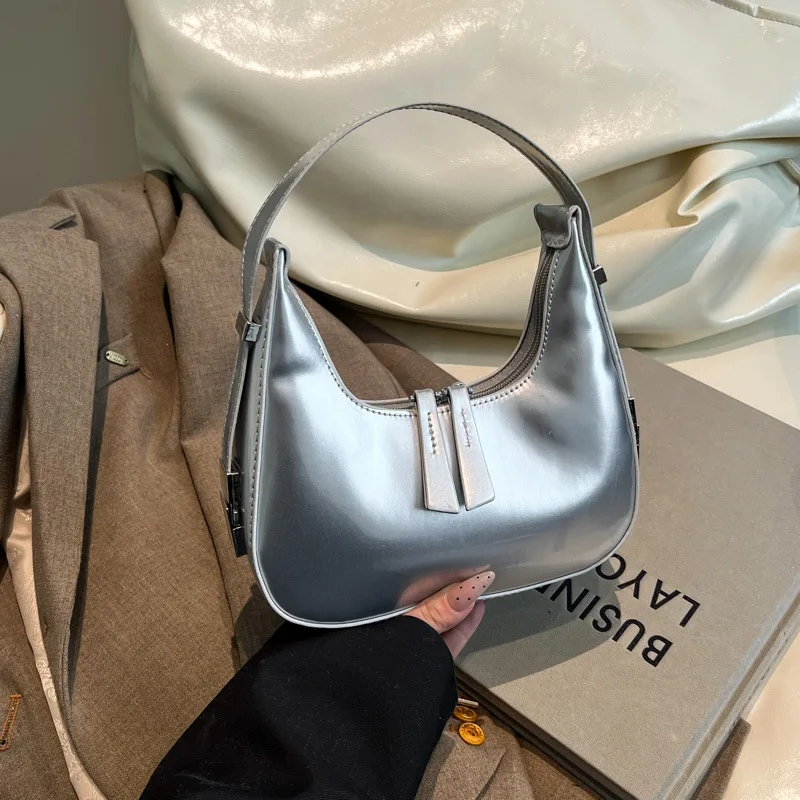 

2025 Spring Summer New Womens Handbag Small Designer Glossy Patent Leather Shoulder Bag Trendy Underarm Purse