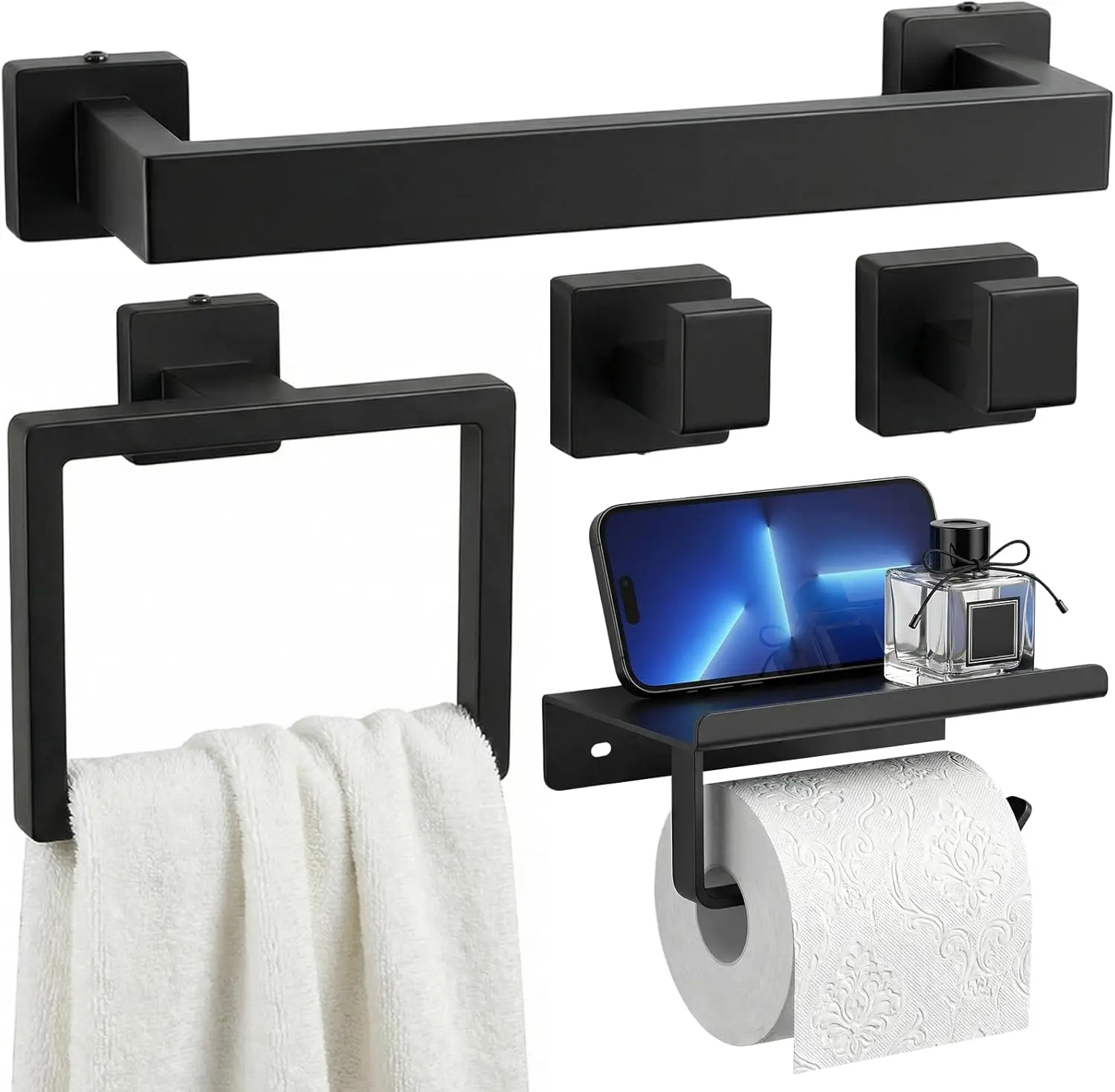 

5-Piece Matte Black Bathroom Accessories Set, SUS304 Stainless Steel Rustproof Wall Mounted with 16" Towel Bar, Toilet Paper
