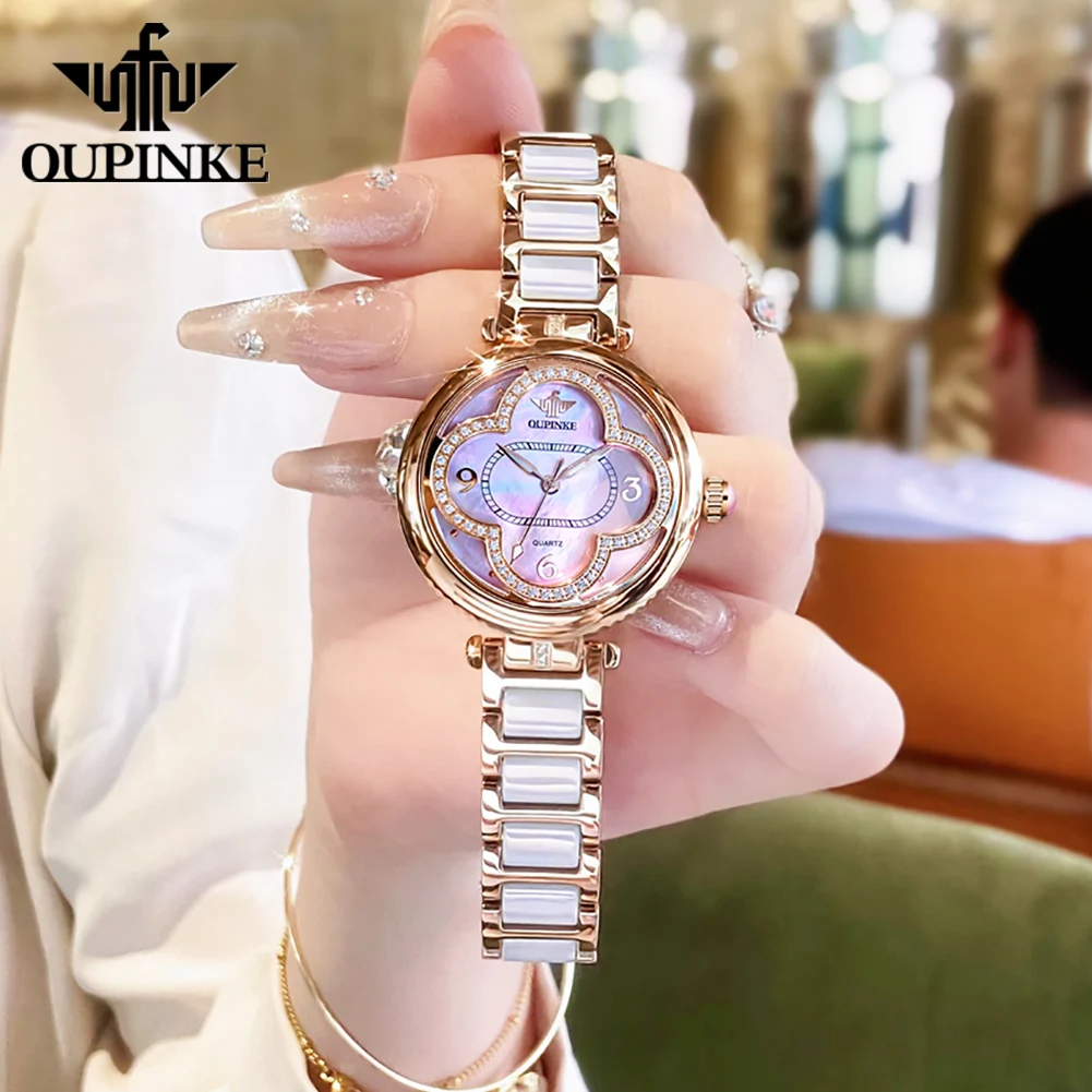 OUPINKE Original Elegant Fully Automatic Women\'s Mechanical Watches Waterproof Ceramic Tape Lucky Grass Watch for Women Luxury