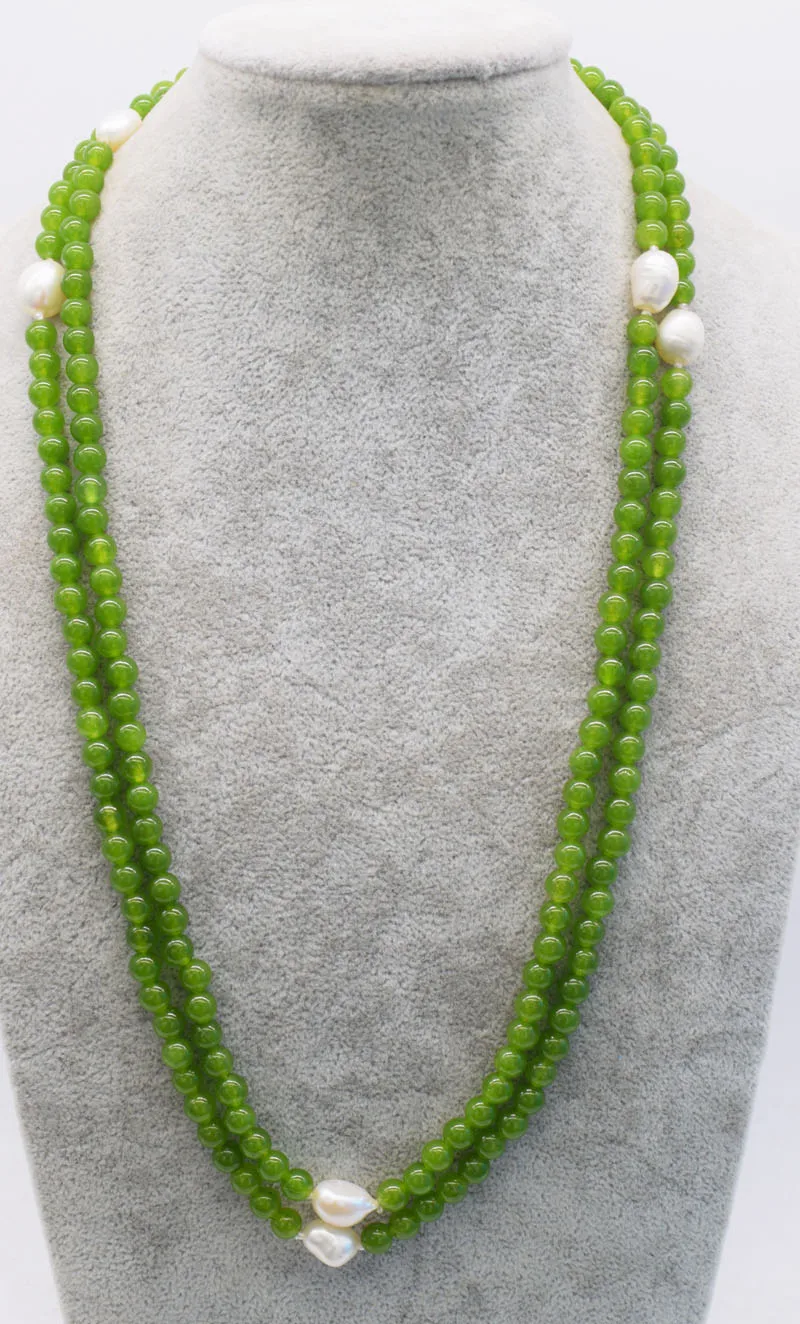 yellow green jade round 6mm and freshwater pearl white baroque  long necklace 45