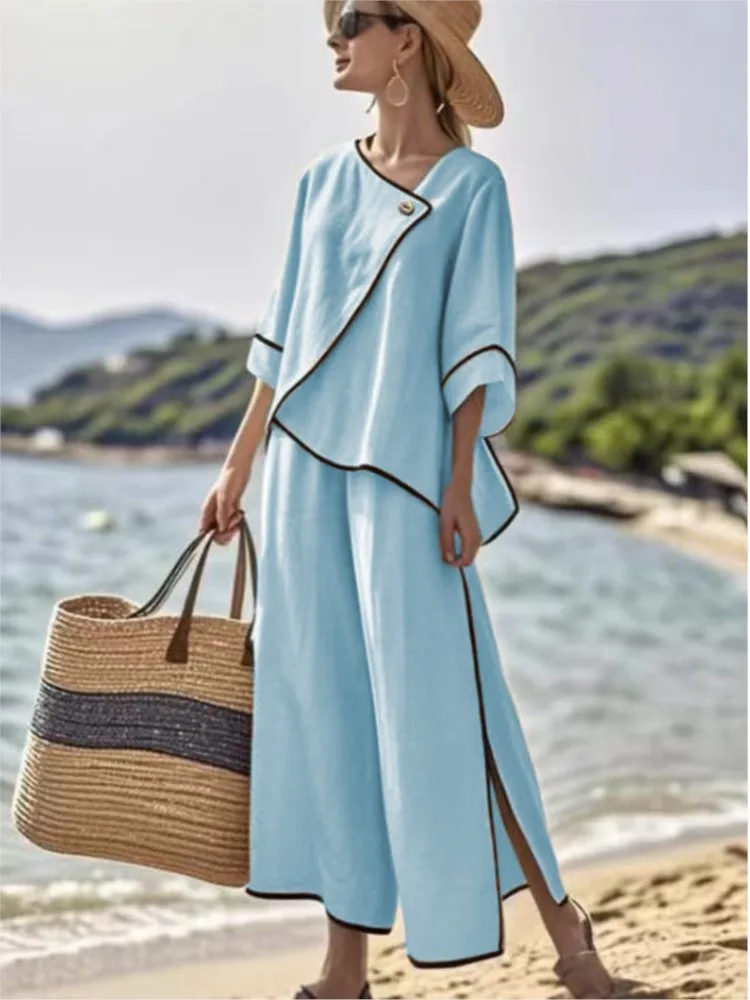 

Women Loose Striped Print Split Wide Legs Pants Two Piece Sets Spring Elegant Slanted Short Sleeves Set Office Ladies 2Piece Set