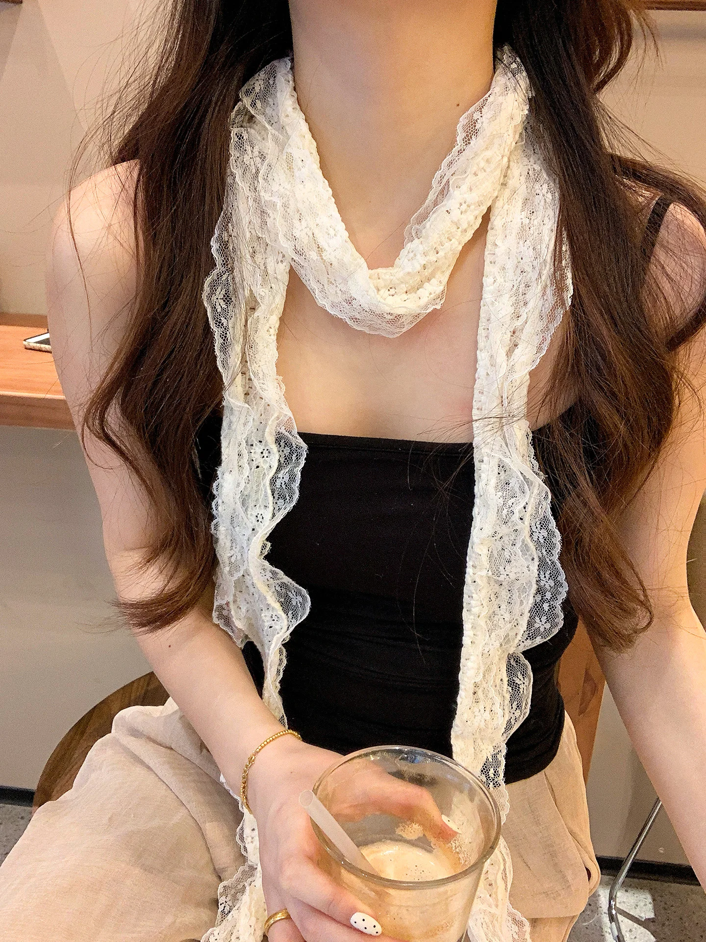 Korean Style Lightweight Breathable Long Lace Edged Silk Scarf for Women Narrow Necktie Small Towel Versatile Spring Accessory