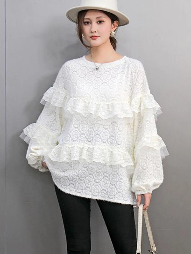 SHENGPALAE Fashion Spliced Lace Tops Women Versatile O-neck Patchwork Full Sleeve Casual Chic Style Female T-shirts 5G520