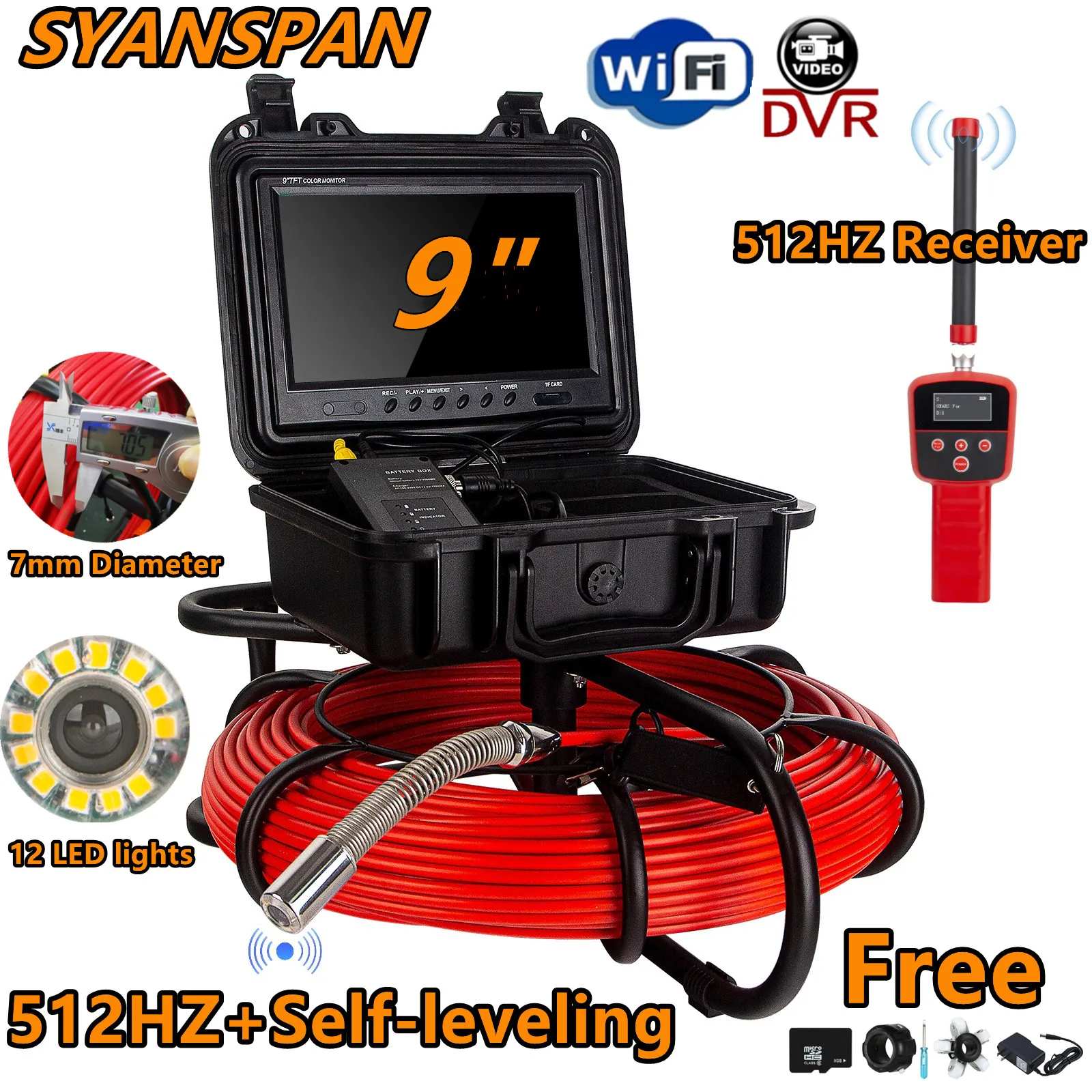 

512HZ Self-leveling And Signal Receiver DVR/WiFi SYANSPAN Pipe Inspection Camera 9" HD Screen 7MM Cable 8GB SD Card 23mm Drain