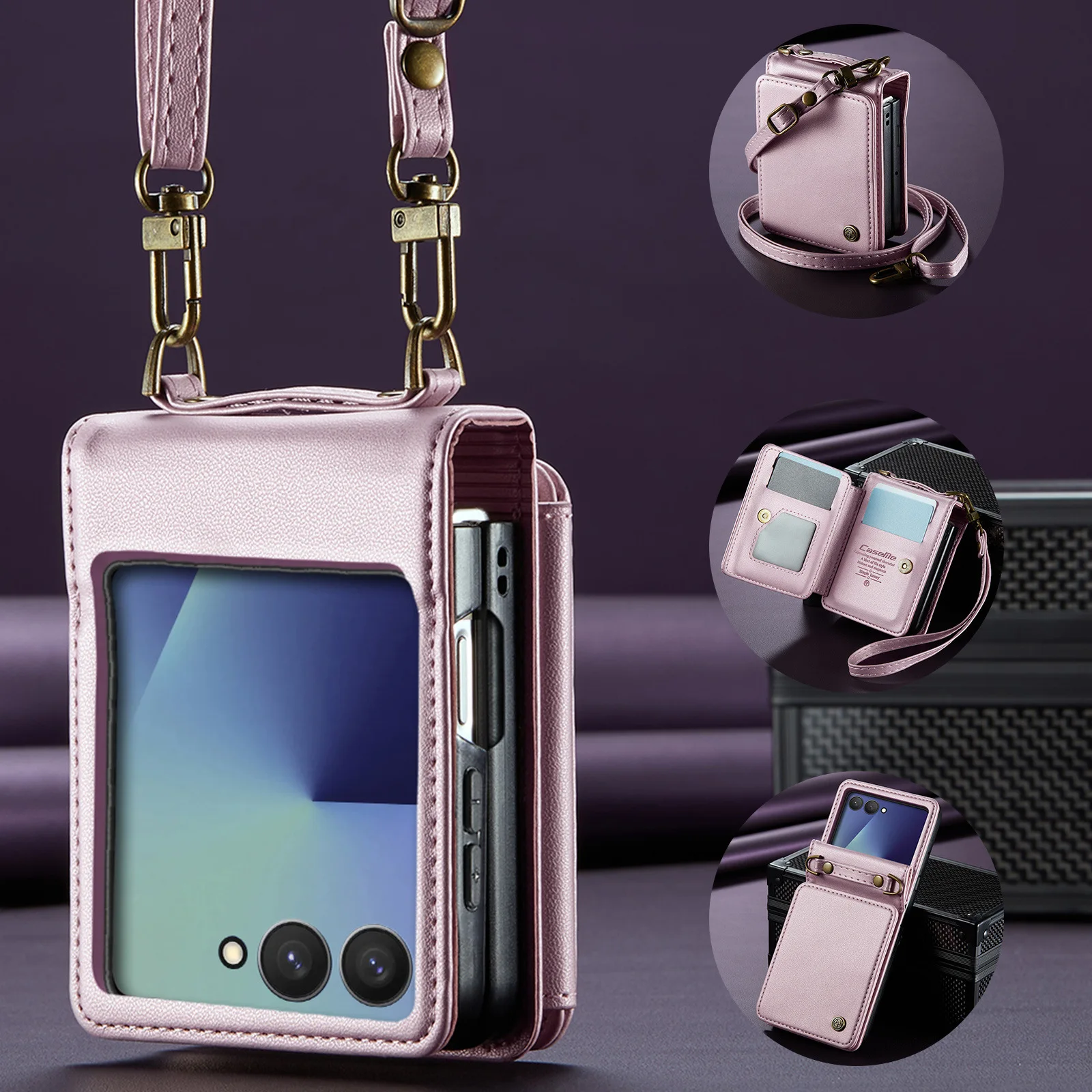 Multifunctional Crossbody Long Strap Card Slot Holder Hinge Leather Phone Case Cover For Samsung Galaxy Z Flip 7 FE 6 5 5G